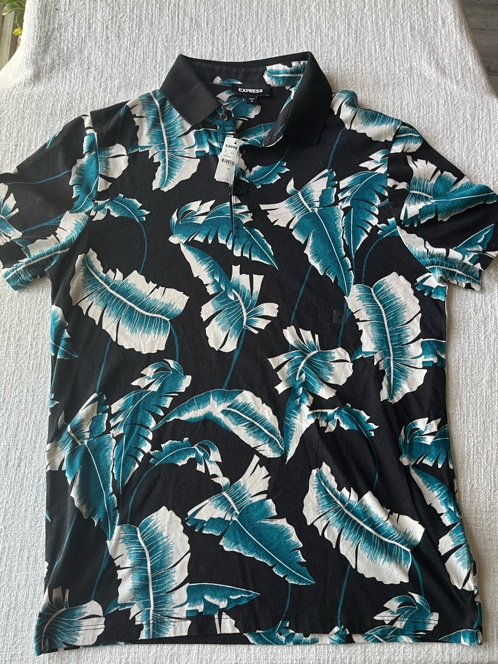 NWT Express Men's Medium Blue Black Tropical Floral Palm Leaf Golf Polo Shirt